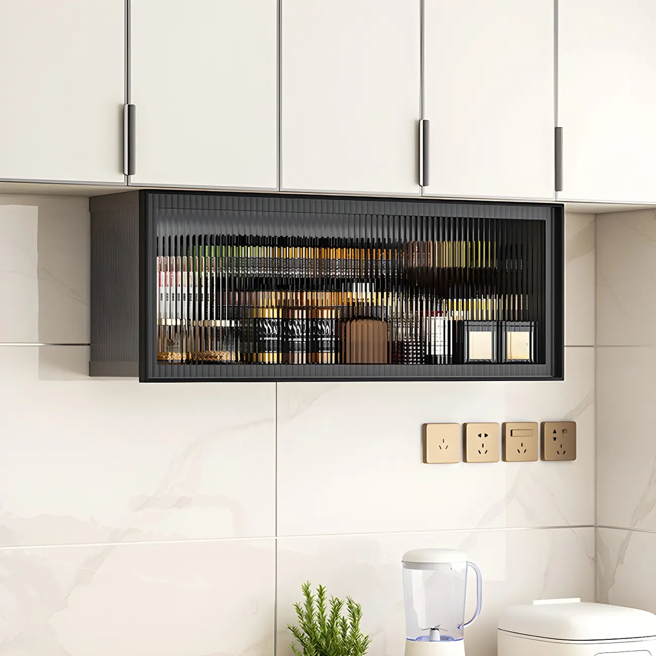 Grey Metal Floating Mounted Glass Kitchen China Cabinet