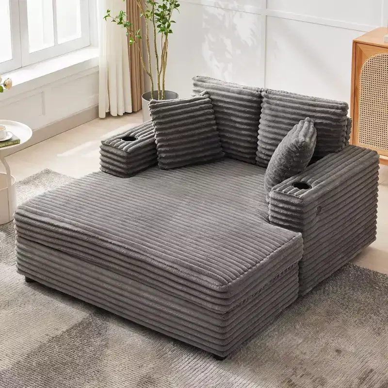 Indoor Comfy Corduroy Lounge Sofa with Charging Station, Cup Holders & Throw Pillows Cozy Sleeper Couch for Living Room, Bedroom & Apartments