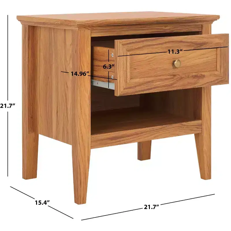 1-Drawer 1-Shelf Nightstand with Gold Pulls, Walnut Finish Bedside Table