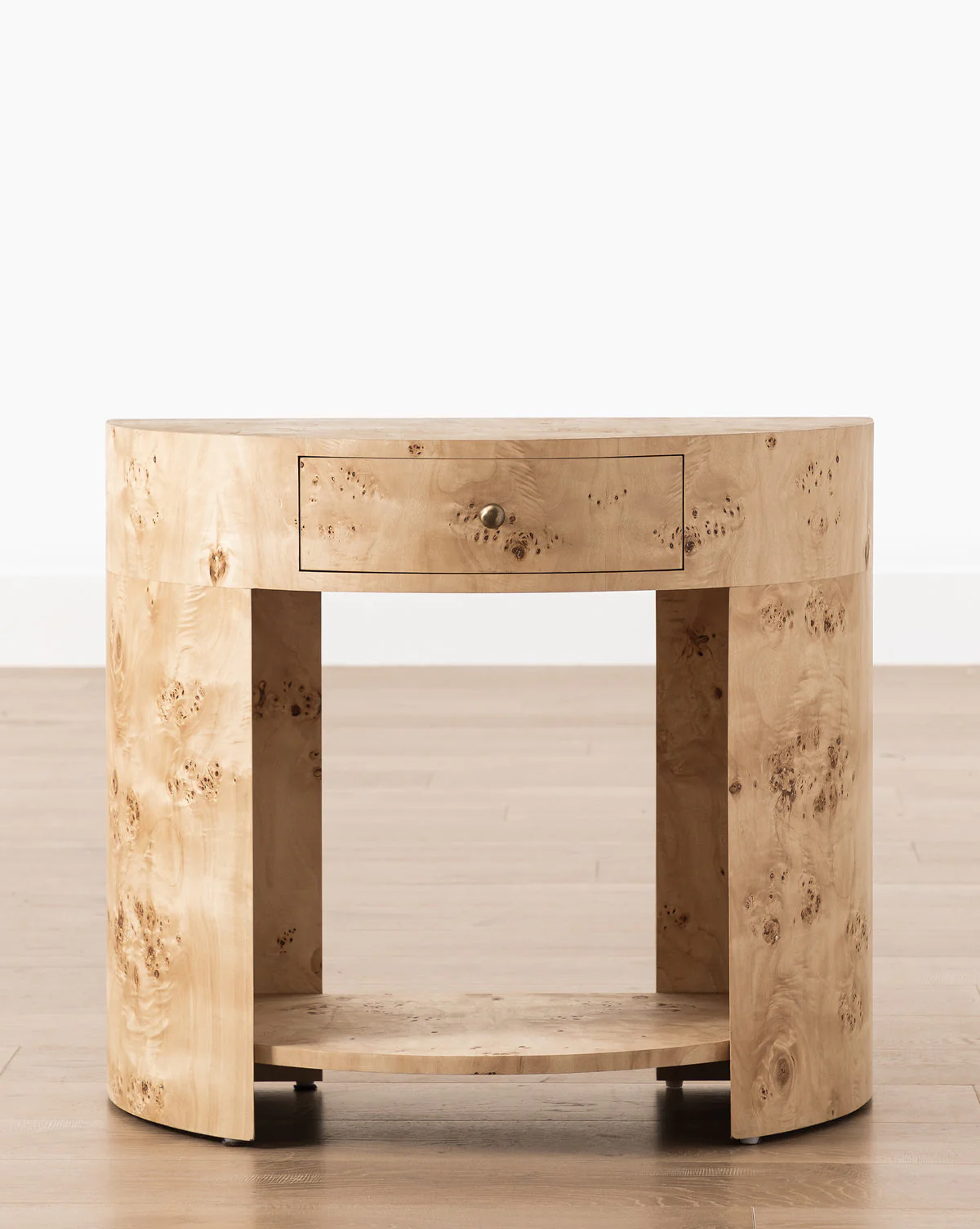 Modern Burl Veneer Nightstand with Brass Knob & Half-Moon Shape for Bedroom