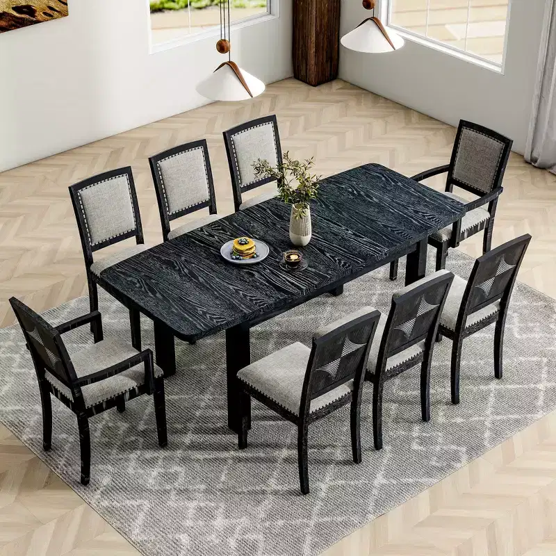 9 Pieces Extendable Dining Table Set for 6, Rectangular Kitchen Dining Table with Removable Leaf and 6 Armless Chairs and 2 Arm Chairs