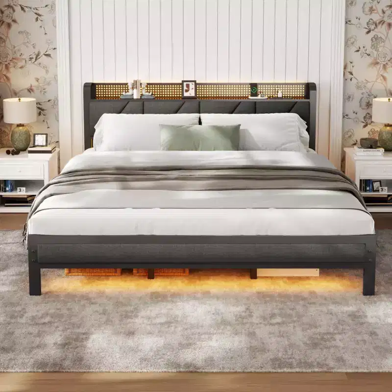 King Size Metal Platform Bed Frame Upholstered Headboard Footboard LED Lights Charging Station Heavy Duty Support No Box Spring Needed USB