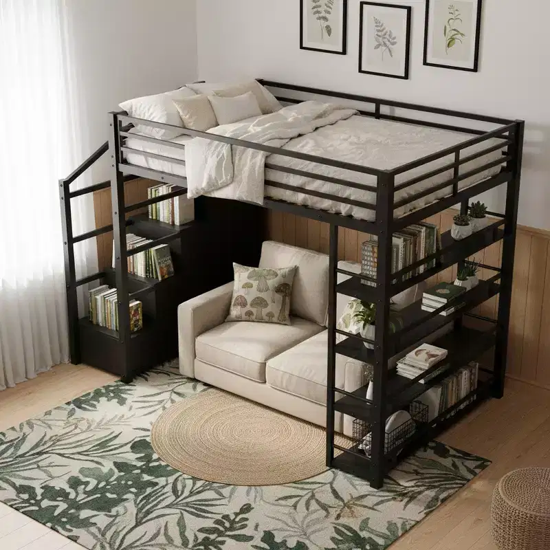 Whisen Queen Size Metal Loft Bed with Storage Shelves, Cabinets and Wardrobe