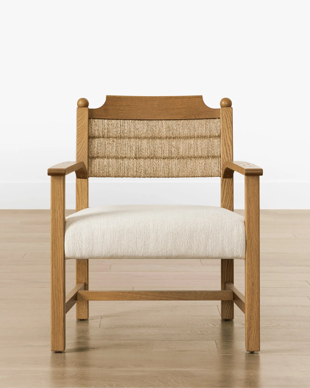 Bohemian Oak & Seagrass Lounge Chair with Cotton-Linen Performance Blend for Living Room
