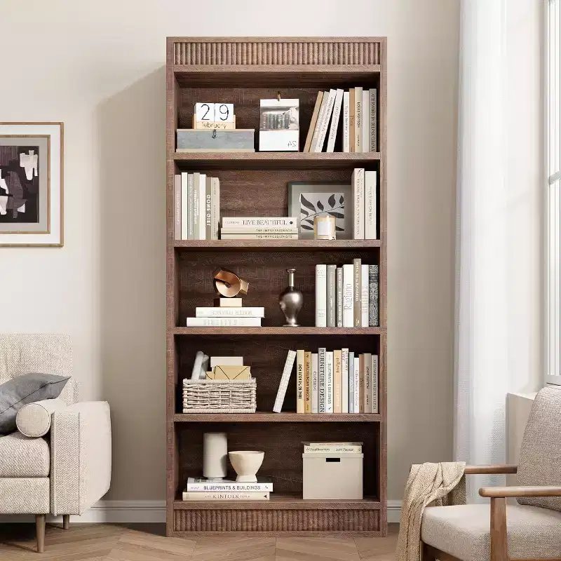 71 Farmhouse Tall Bookcase with 5 Tiers & Display Rack, Fluted Wood Bookshelf for Organized Storage in Living Room, Office, or Library