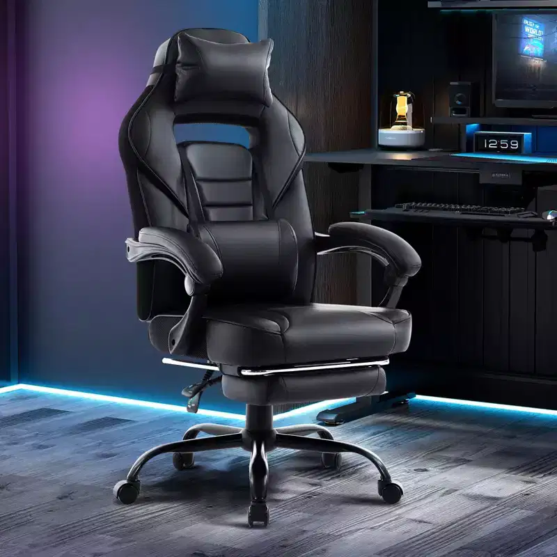 Big and Tall Office Chair, High Back Leather Gaming Chair with Footrest, Ergonomic Computer Chair w/Lumbar Support & Headrest, 360 Swivel Base