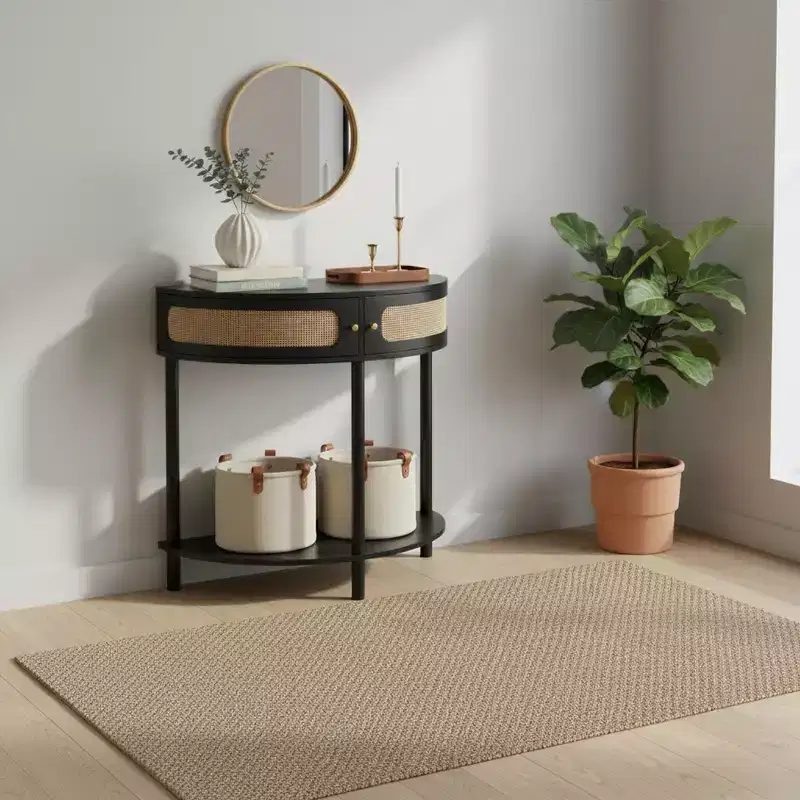 Half-Moon Console Table with Rattan Front, MDF Top & Solid Wood Legs, 31.5
