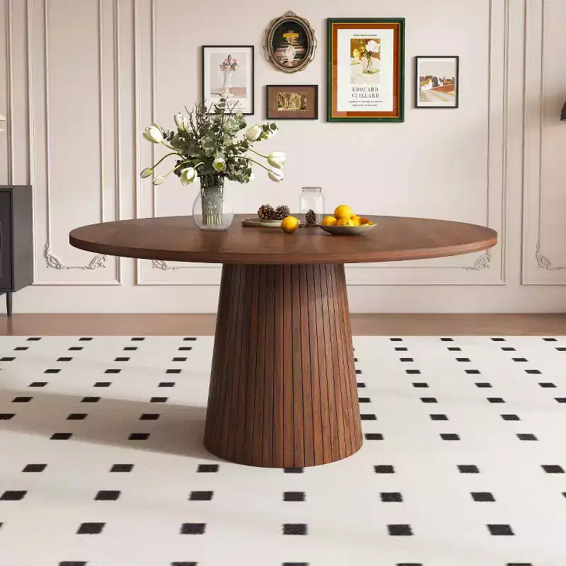 47 Modern Round Dining Table for 4, Farmhouse Kitchen Table with Wood Strip Base, Pedestal Table for Dining Room-Panipeachy