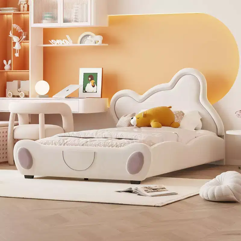 Twin/Full/Queen Size Velvet Upholstered Platform Bed with Bear-Shaped Headboard and Bed-End Storage Pocket 4W - ModernLuxe