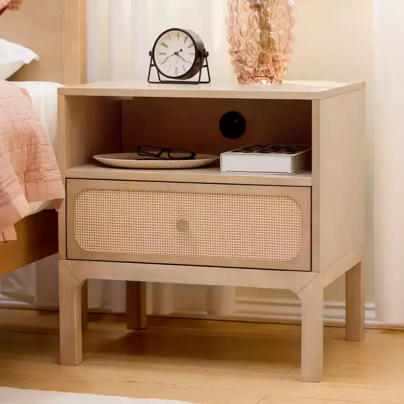 Rattan Cubby Nightstand with 1 Drawer, Electrical Outlet and Brass Knob