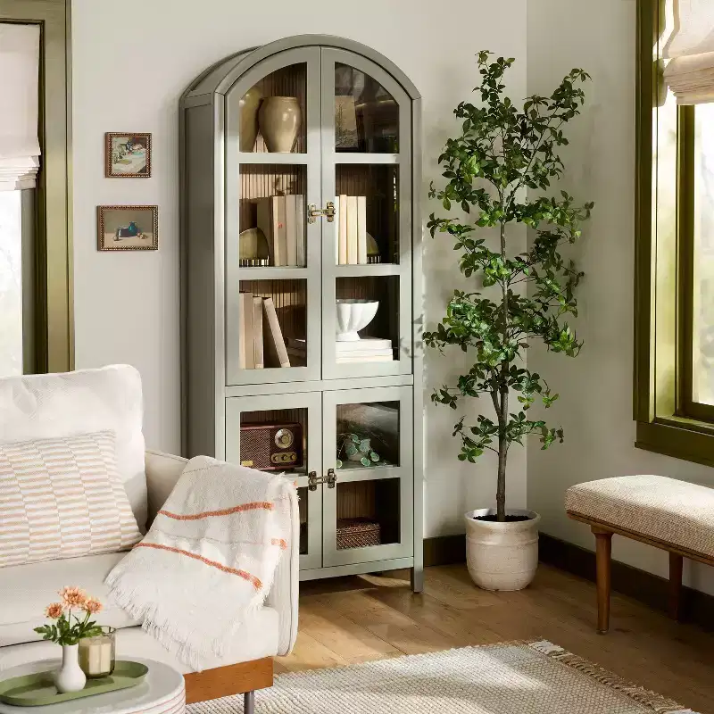 Grooved Wood with Glass 4 Door Arch Cabinet Sage Green - Hearth & Hand™ with Magnolia