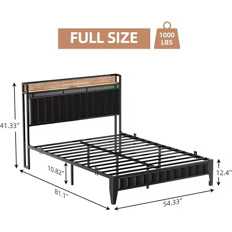 1-Piece XBT Modern LED Bed - PU Headboard with Charging Station, RGB Lights & Storage, No Box Spring Metal Frame