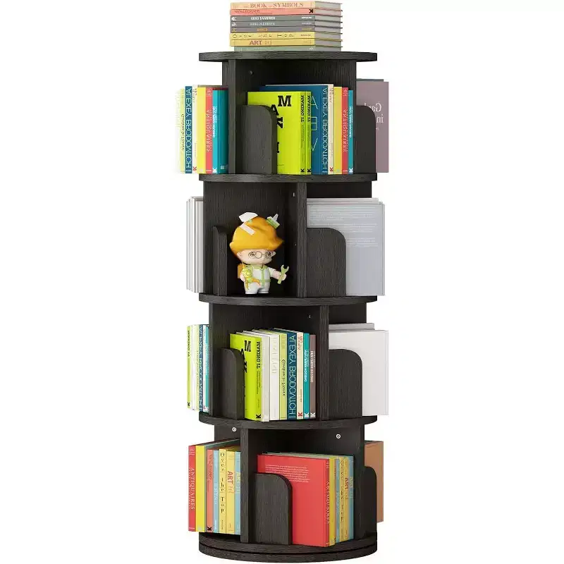 GustoWave 4 Tier Rotating Bookshelf Tower, Floor Standing Storage Rack, 360 Degree Revolvin Bookcase, Wood Narrow Bookshelf for Small Space