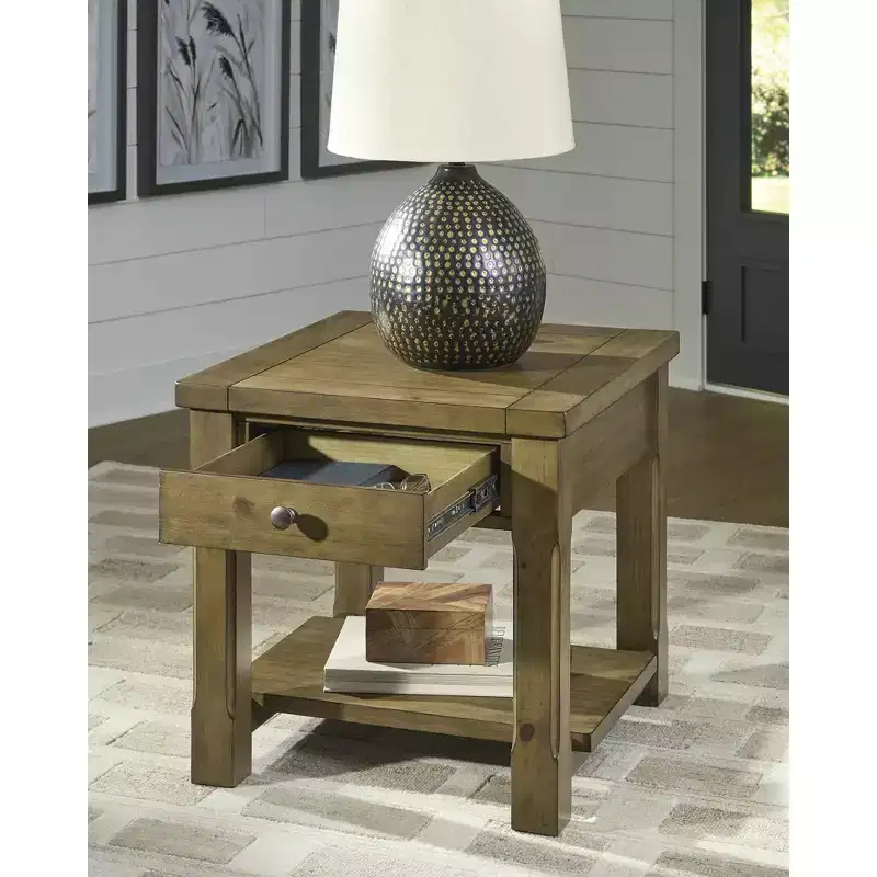 Signature Design by Ashley Vandenmore Rectangular End Table with Drawer and Lower Shelf, Medium Brown Finish