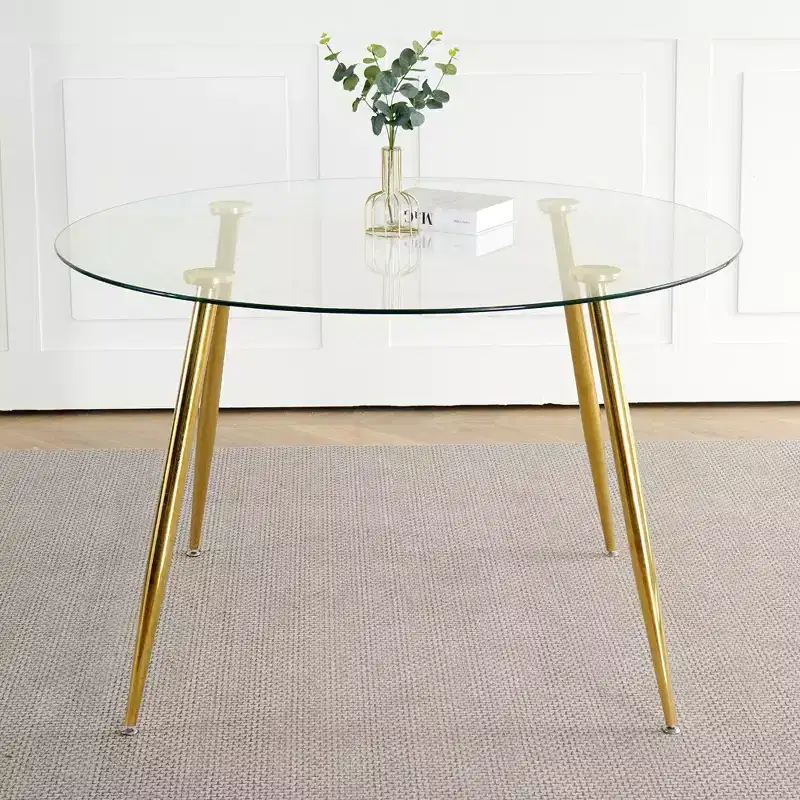 Modern Round Dining Table with Tempered Glass Top & Gold Metal Legs, Dining Room Table for 4