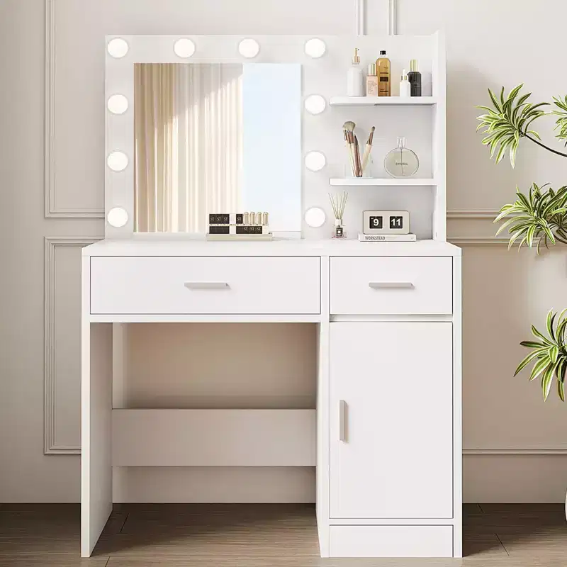 Vanity Desk with Mirror, Outlet and 10 Lights, Makeup Table with 3 Drawers,3 for Bedroom