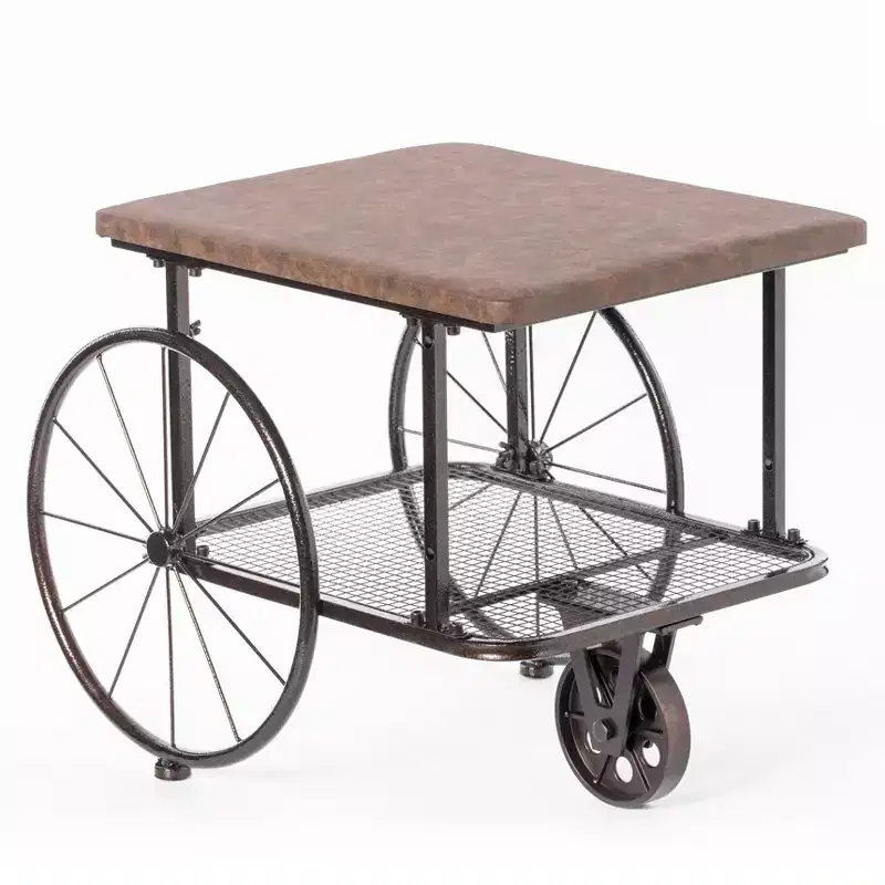 Vintiquewise Industrial Wagon Style Coffee Table with Rustic Wood Top Large Spoke Rolling Wheels Mesh Shelf Functional End Table and Magazine Holder
