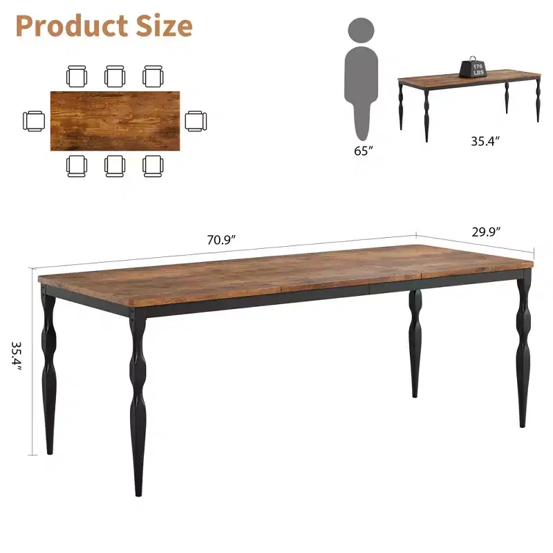 Rectangular Dining Table, Rustic Farmhouse Kitchen Table with Large Tabletop, Long Wooden Dining Room Table, Dinette and Dinner Desk for Party