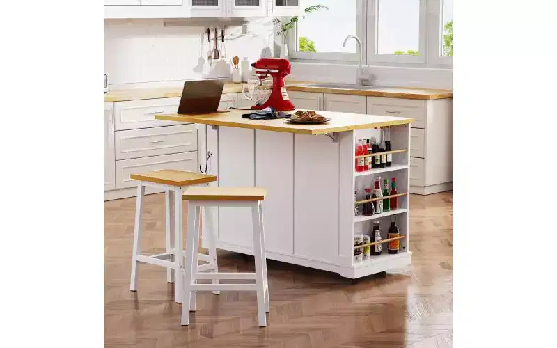 JVNOXK 53-inch 5-wheel kitchen island with 2 bar stool sockets, folding tabletop, open side shelves, and drawers. Suitable for kitchens. White