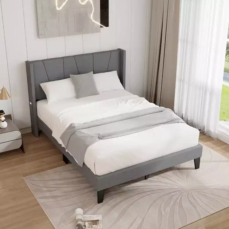 Full Size Upholstered Bed Frame with Elastic Pockets – Gray