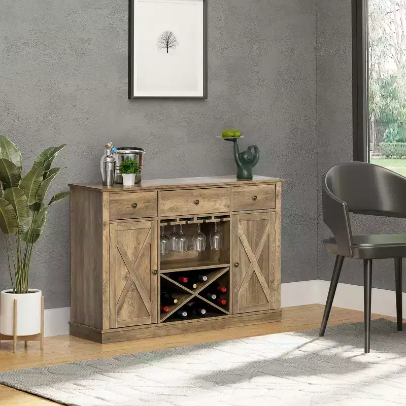 HOMCOM Farmhouse Sideboard Buffet Cabinet with X-Shaped Wine Rack, Stemware Holder, 3 Drawers