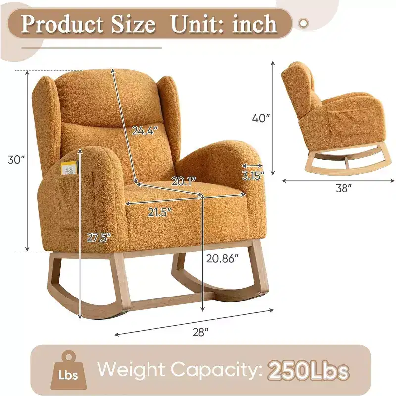 Linen Rocking Chair with Thick Headrest, Upholstered Mid-Century Modern Nursing Rocker Glider, Curved Armrest, Sturdy Solid Wood Base.