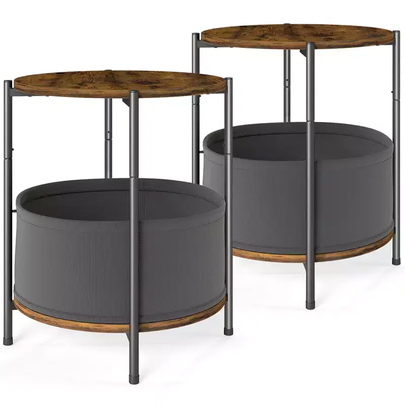Set of 2 Round Side Tables with Removable Fabric Basket Industrial End Tables