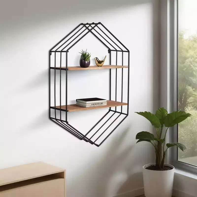 Metal Hexagon with Wood Shelves for Home Decor - Minimalist Wall Storage for Living Room, Bedroom, or Office - 32, Brown & Black