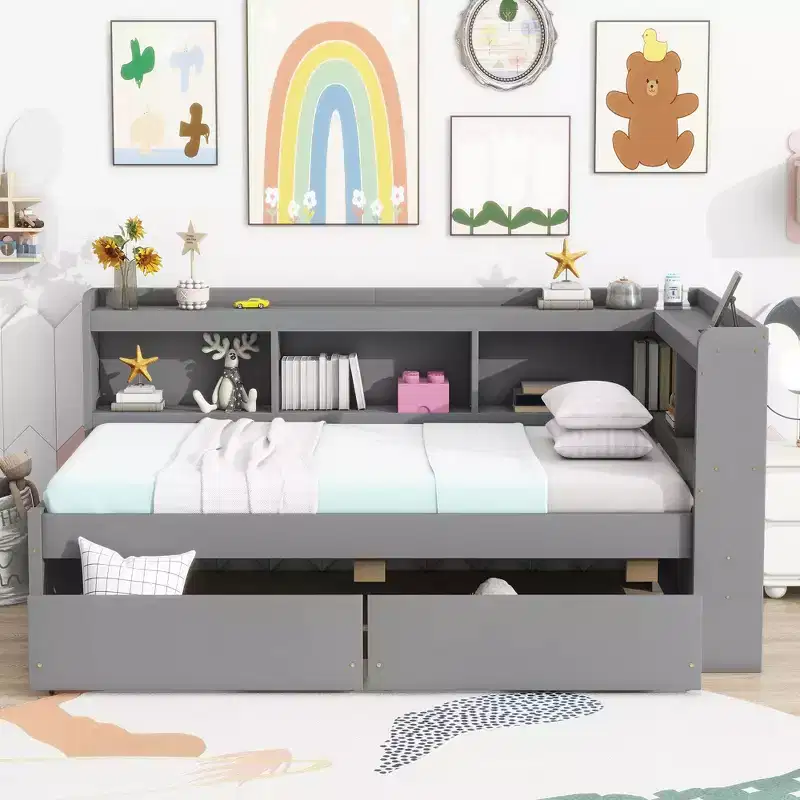 Twin L-shaped Bookcase Bed with Pine Wood Frame, Two Drawers for Bedroom, Gray