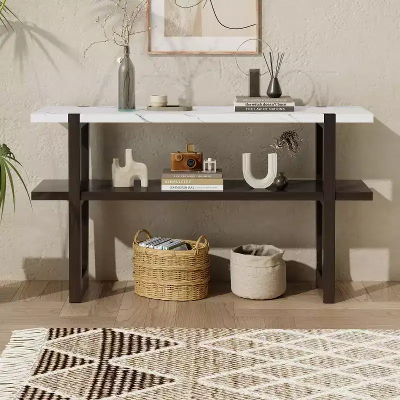 Okak 54IN Retro Narrow Console Table, Entryway Table with Open Shelf and Marble-Effect Tabletop, Hallway Table for Living Room, Foyer