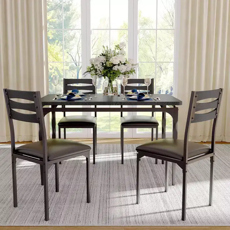 5 Piece Dining Table Set, Industrial Style Kitchen Table Set for 4, Dining Table and Chairs with Rectangular Table & 4 Chairs