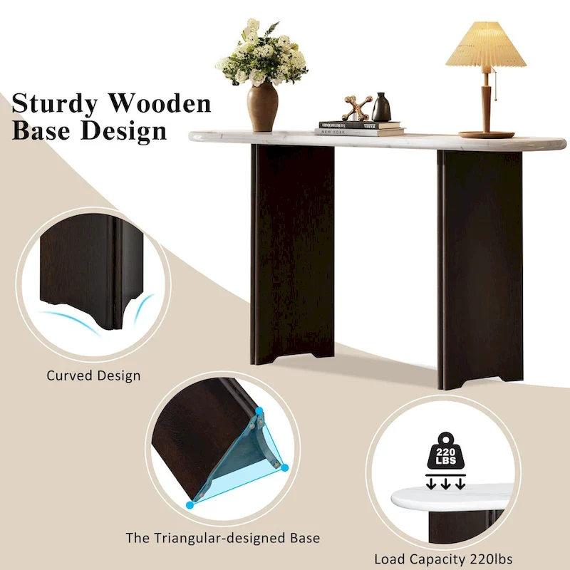 Oval Faux Marble Top Console Table Entryway Table, Narrow Sofa Table Hallway Accent Table with Triangular Base