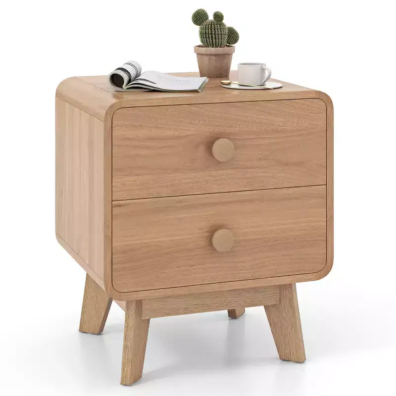 2-Drawer Brown Nightstand with Rubber Wood Legs