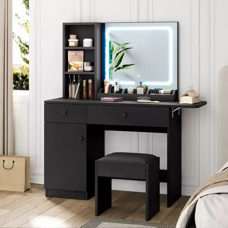 Whizmax Vanity Desk, Makeup Vanity with Adjustable LED Lighted Mirror, Vanity Table with Drawers, Cabinet, Shelf and Stool