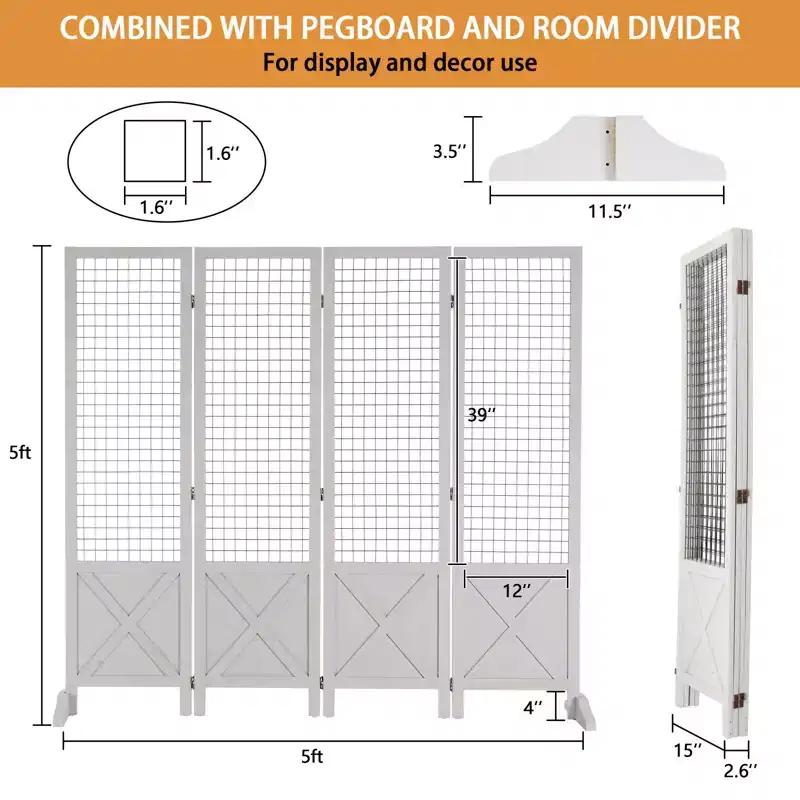 VINGLI 5ft Room Divider Freestanding Gridwall, 4 Panel Folding Display Board Organizer with Feet, Wooden Frame for Craft Shows Events Retail(White)