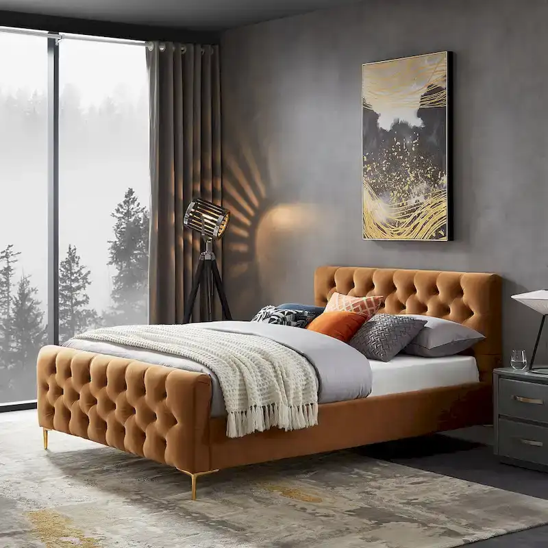 Tan Velvet Button-Tufted Mid-Century Platform Bed with Tapered Legs for 2 Person