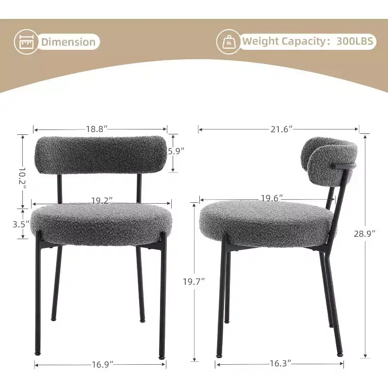Acekool Mid-Century Dining Chairs Set of 2 with Boucle Upholstery, Curved Backrest & Adjustable Feet - Light Grey with Black Legs