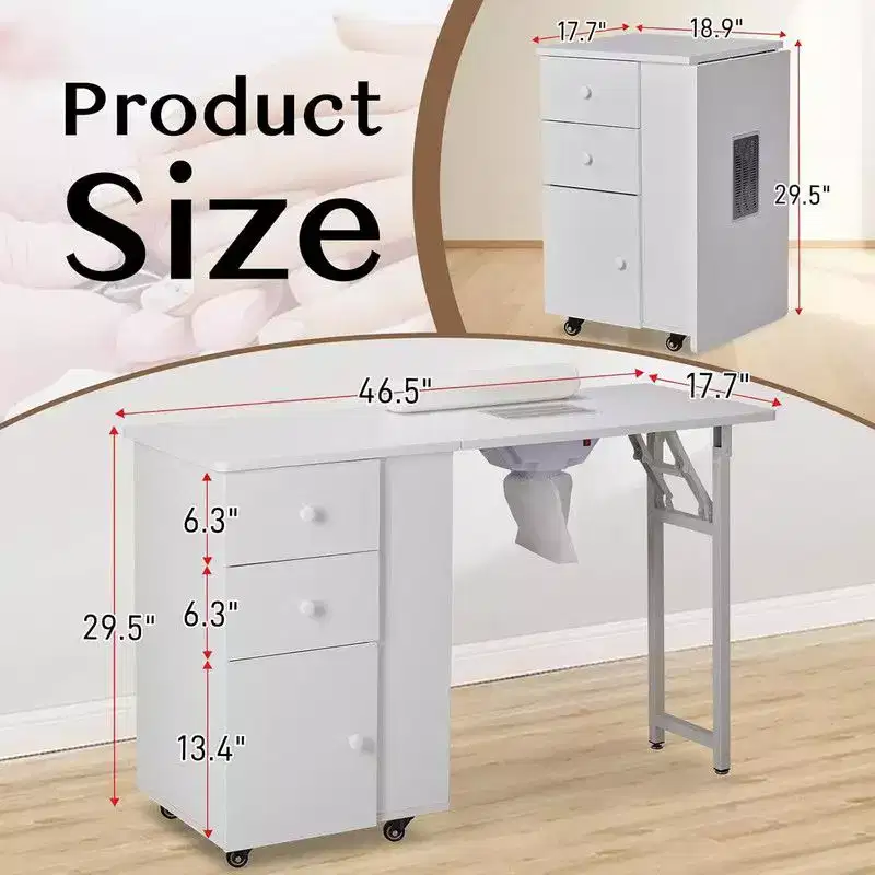 Karlhome 46.5 in. Rectangular White MDF 2-Drawer Manicure Table with Cabinet, Doors, Electric Dust Collector
