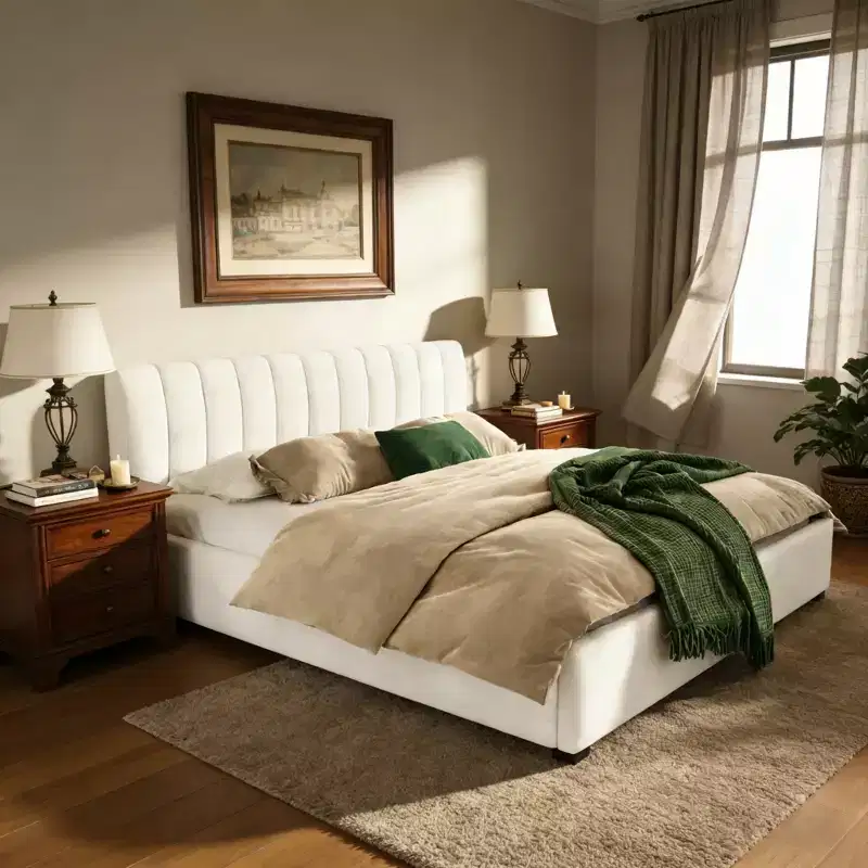 King Size Upholstered Platform Bed Frame with Soft Thick Cushioned Headboard, Beige