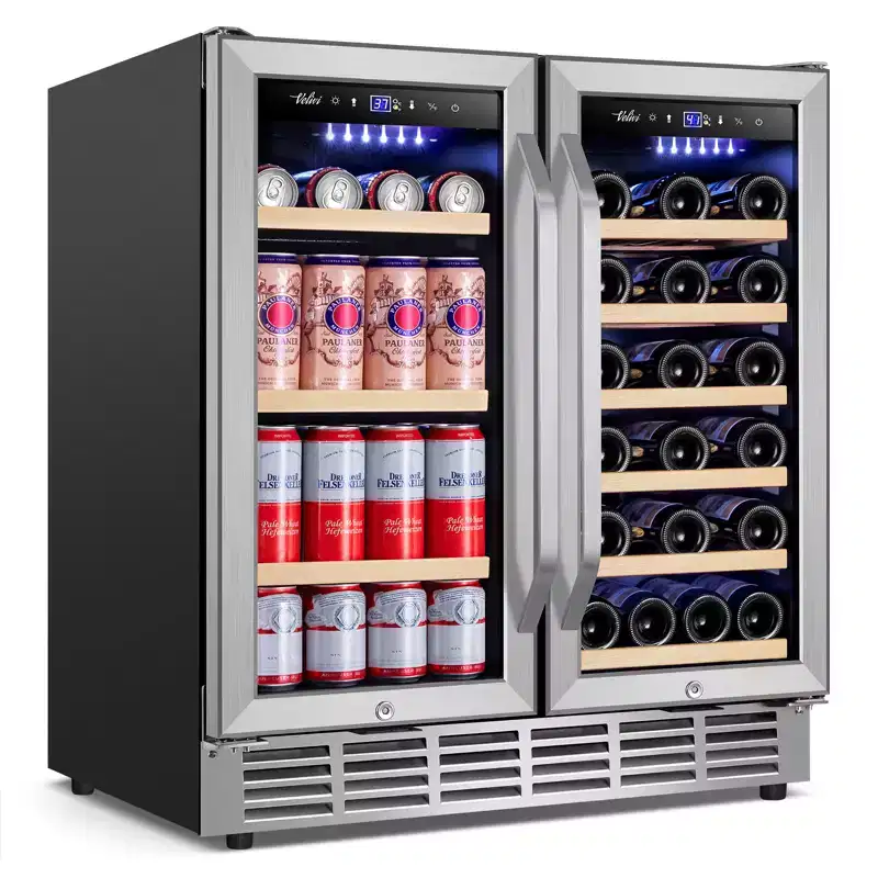 Hooure 30 in.Dual Zone 33-Wine Bottles and 80-Can Built-In and Freestanding with French Door Beverage Cooler in Stainless Steel