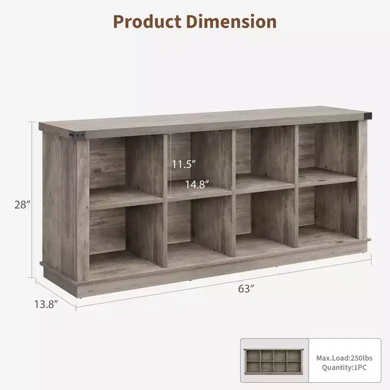 2-Tier 8 Cube Book Shelf, Rustic Farmhouse Wood Horizontal Bookshelf, Bookcase Cabinet, Storage Organizer