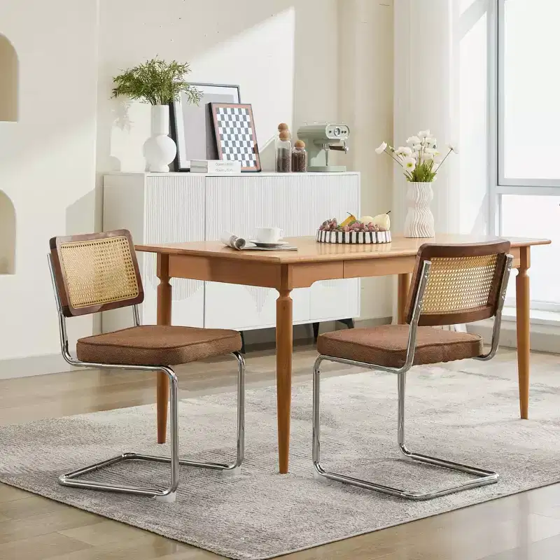 TUYOHW 2Pcs Modern Dining Chairs,Soft Linen Dining Room Chairs,Sturdy Side Chairs with Stainless Chrome Base & Rattan Back,360lbs Capacity