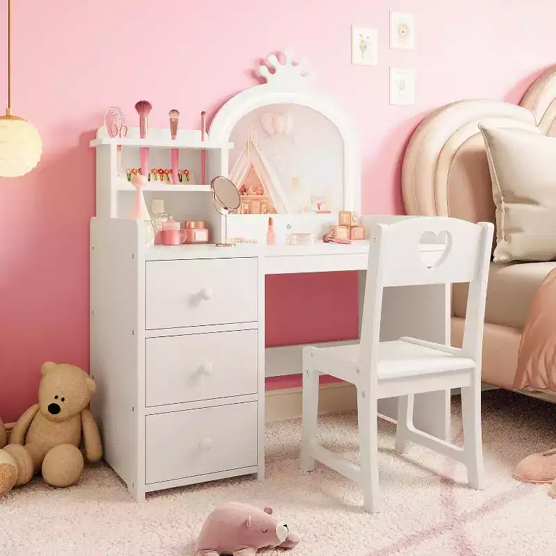 white Wooden Princess Vanity Desk with 3-Color Touch LED Mirror & Chair, Storage Drawers & Shelves for Little Girls Bedroom