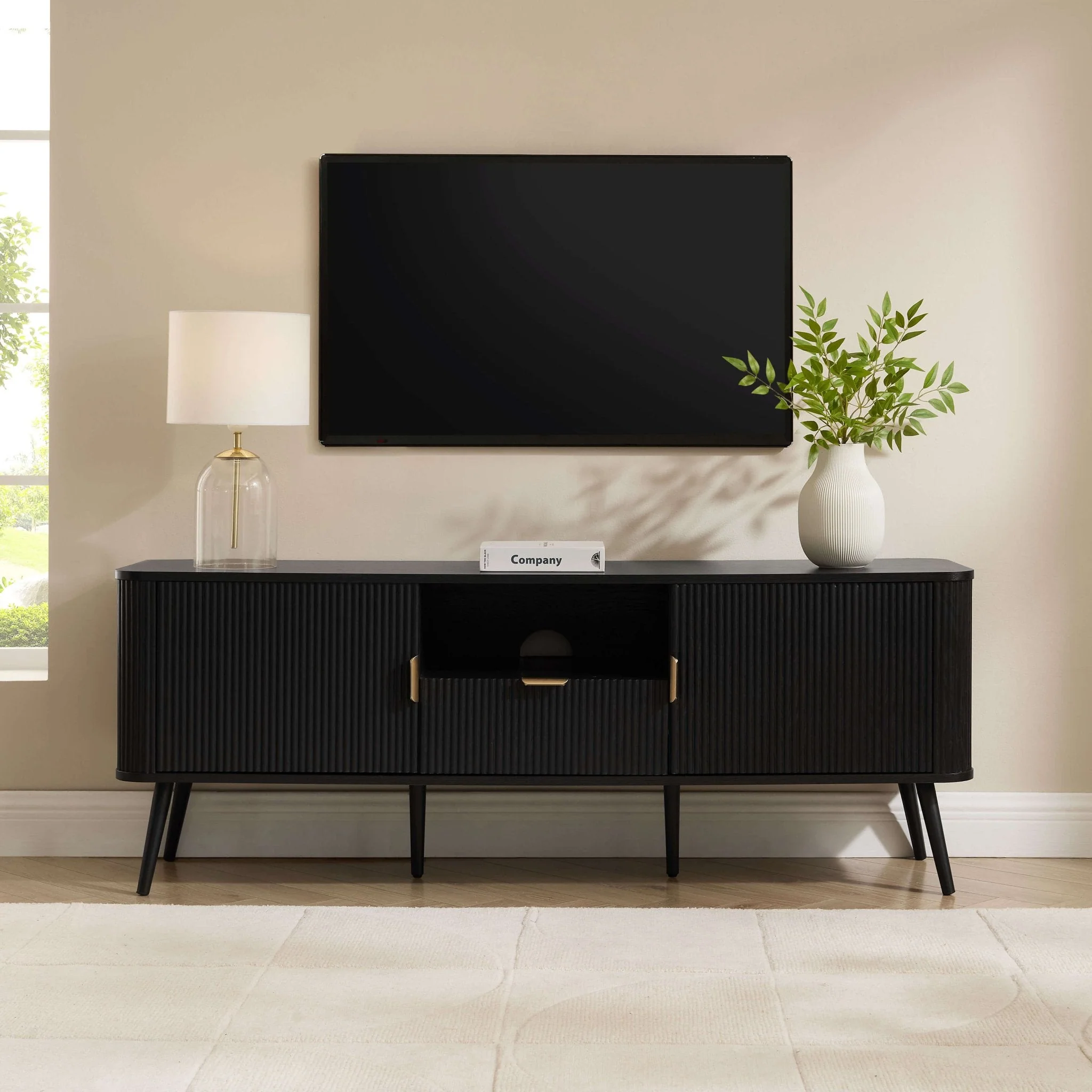 Contemporary Black Wood Effect TV Unit with Panelled Design for TVs up to 65 Inch for Living Room