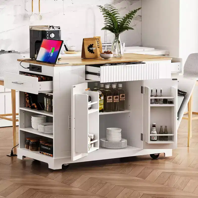 Whisen Classic Style Kitchen Islands on 5 Wheels with 3 Drawer and 3 Open Side Racks
