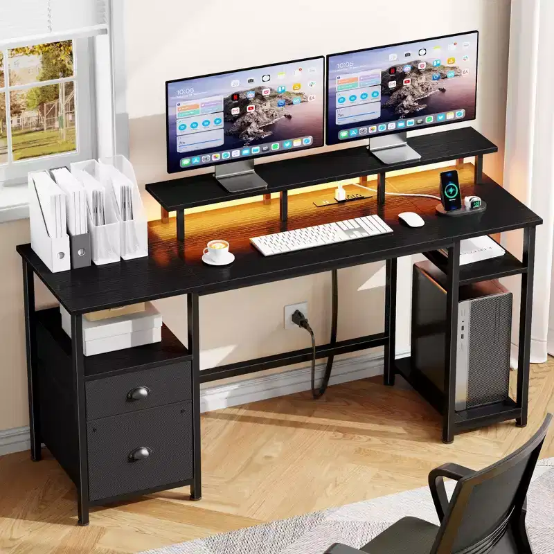 61 Inch Black Computer Desk with Charging Station Reversible Gaming Desk LED Lights File Cabinet Monitor Stand Storage Shelves Home Office