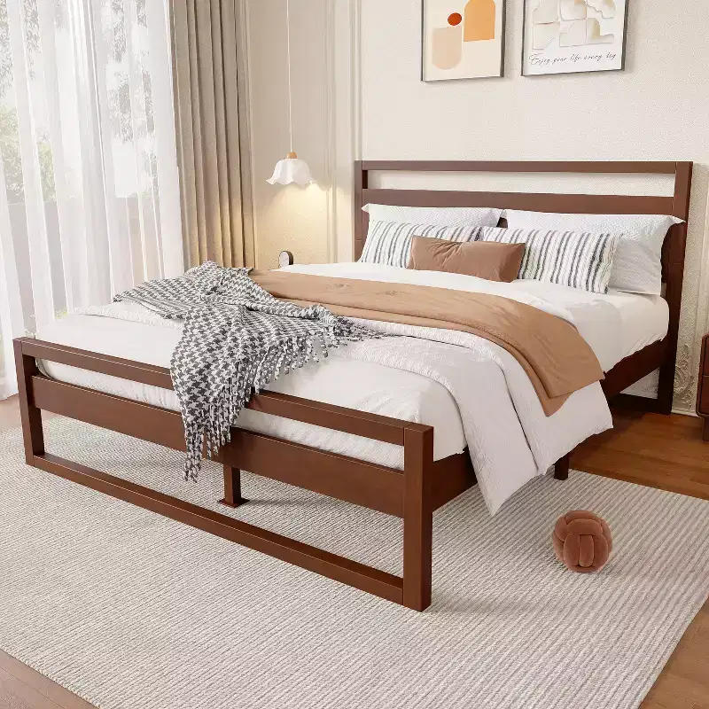 Contemporary Minimalist Platform Bed with Open Headboard and Footboard