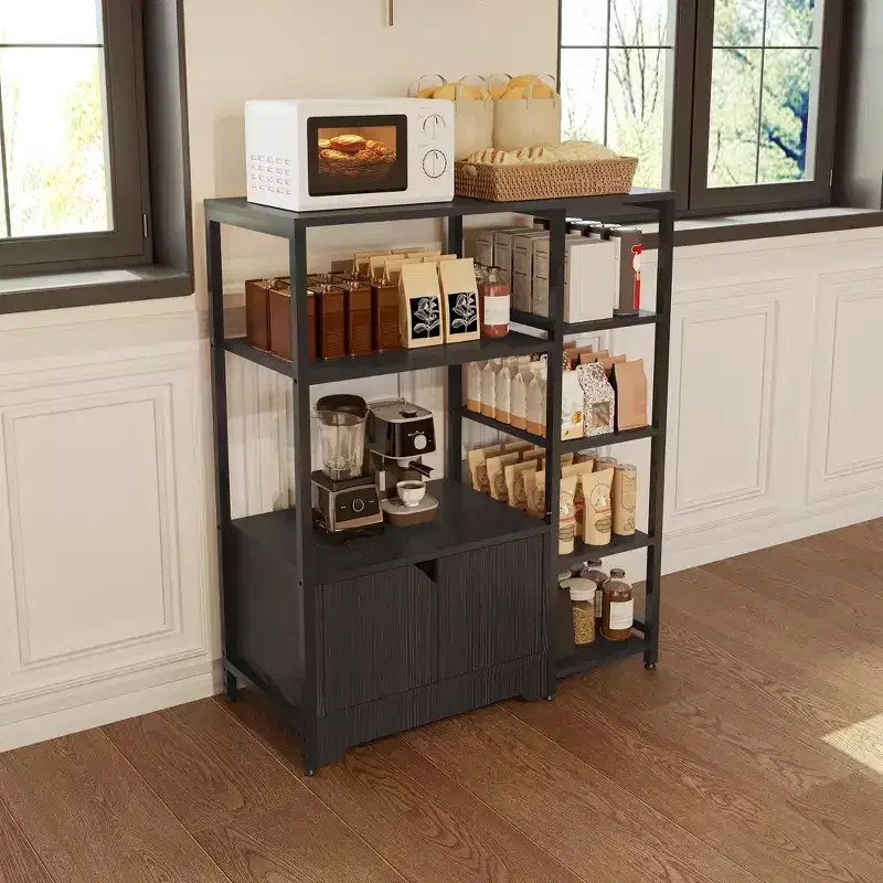 Mini Coffee Bar Cabinet - 32 Freestanding Corner Bookshelf & Buffet Sideboard with Doors, Metal Frame Storage for Kitchen, Office