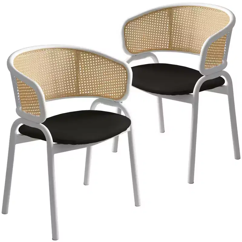 LeisureMod Ervilla Wicker U-Shaped Back Dining Chairs Set of 2 with Leather Seats and Steel Frames  Modern Seating for Kitchen, Dining Room, Cafe