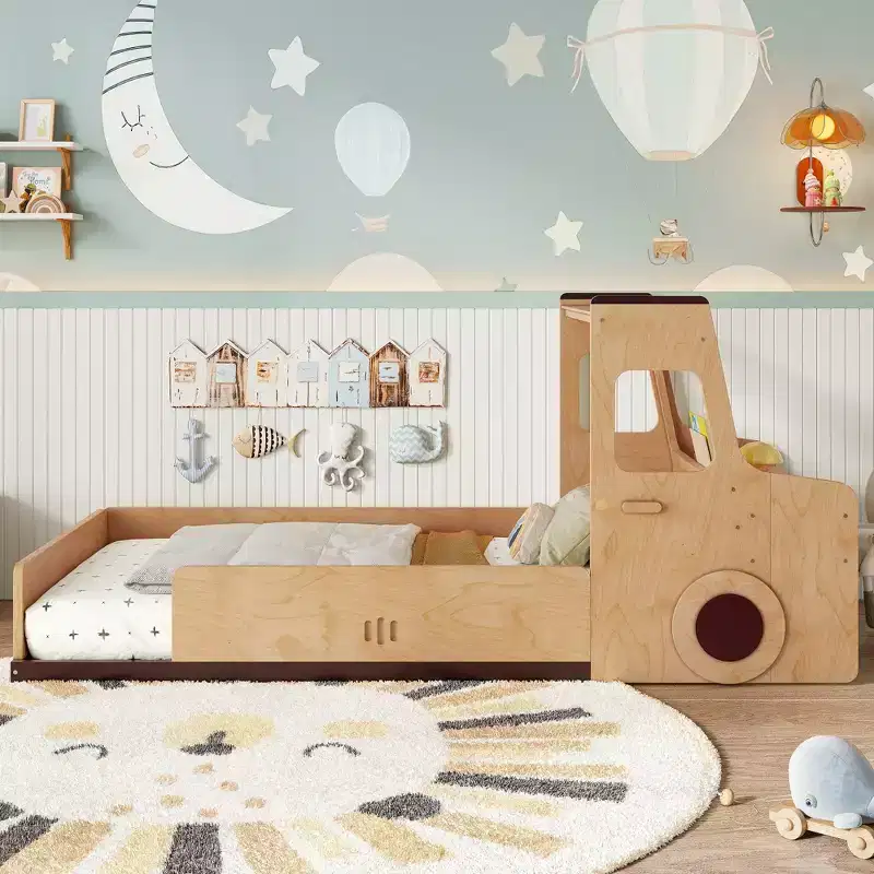 Fun Kids Car-Shaped Bunk Bed with Storage Drawers, Windows, and Desk Made from Natural Premium Materials Natural